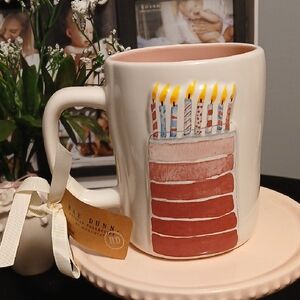 Rae Dunn Double-Sided Cream Mug with Cake Candles Design NWT